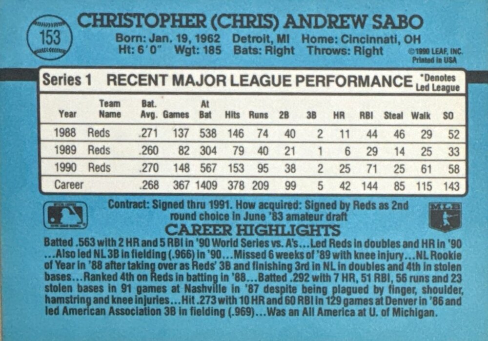 1991 Donruss Christopher (Chris) Andrew Sabo Baseball Card #153