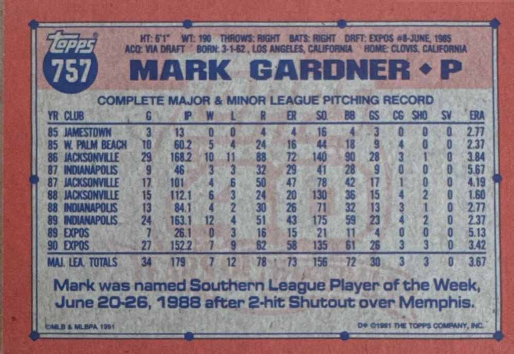 1991 Topps Mark Gardner Baseball Card #757