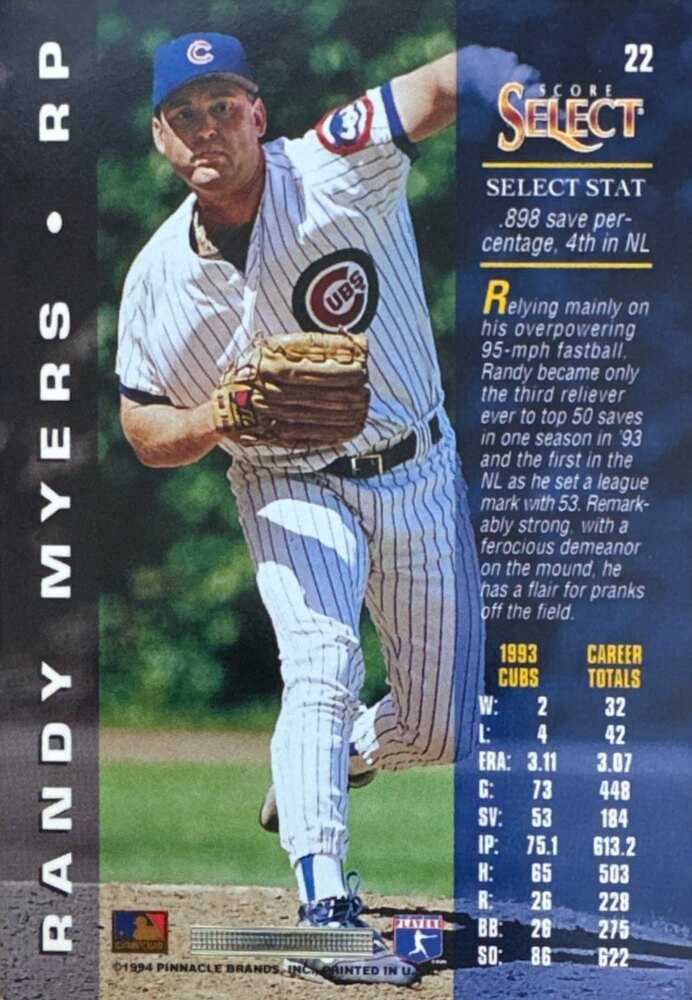 1994 Score Select Randy Myers Baseball Card #22