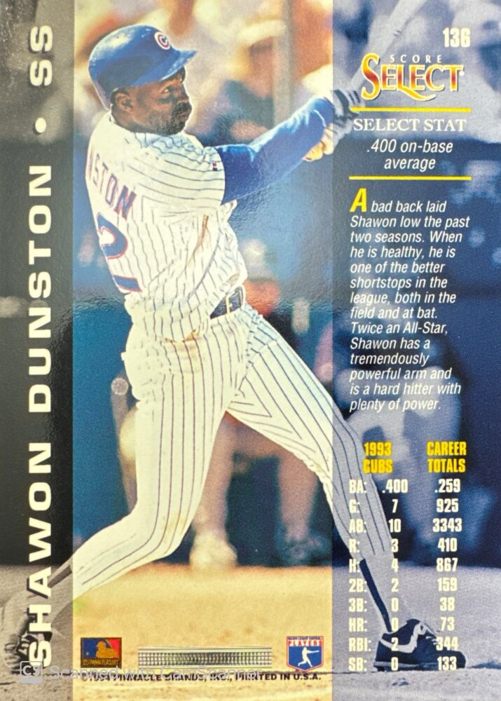 1994 Score Select Shawon Dunston Baseball Card #136