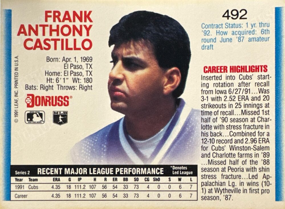 1992 Donruss Frank Anthony Castillo Baseball Card #492