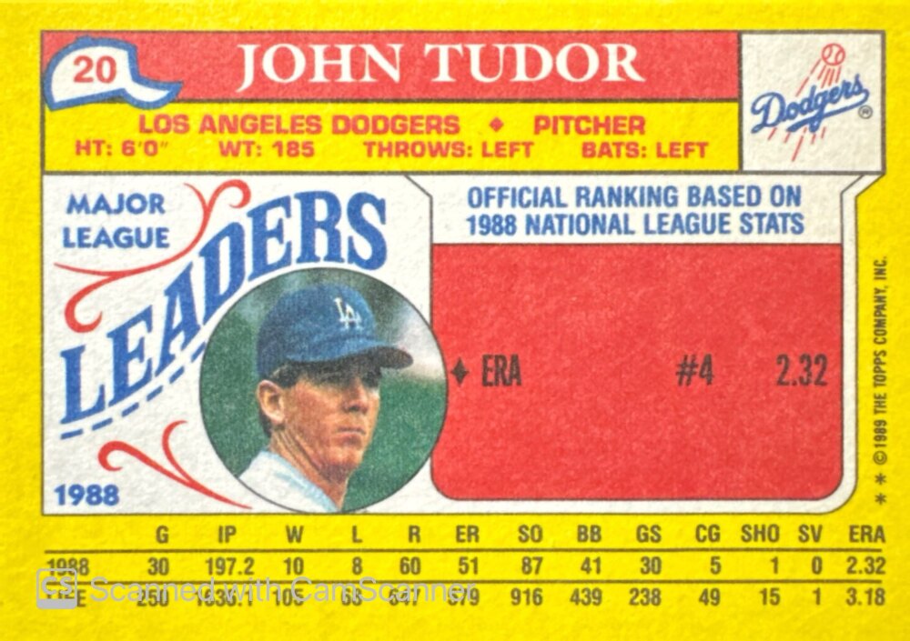 1989 Topps John Tudor Baseball Card #20