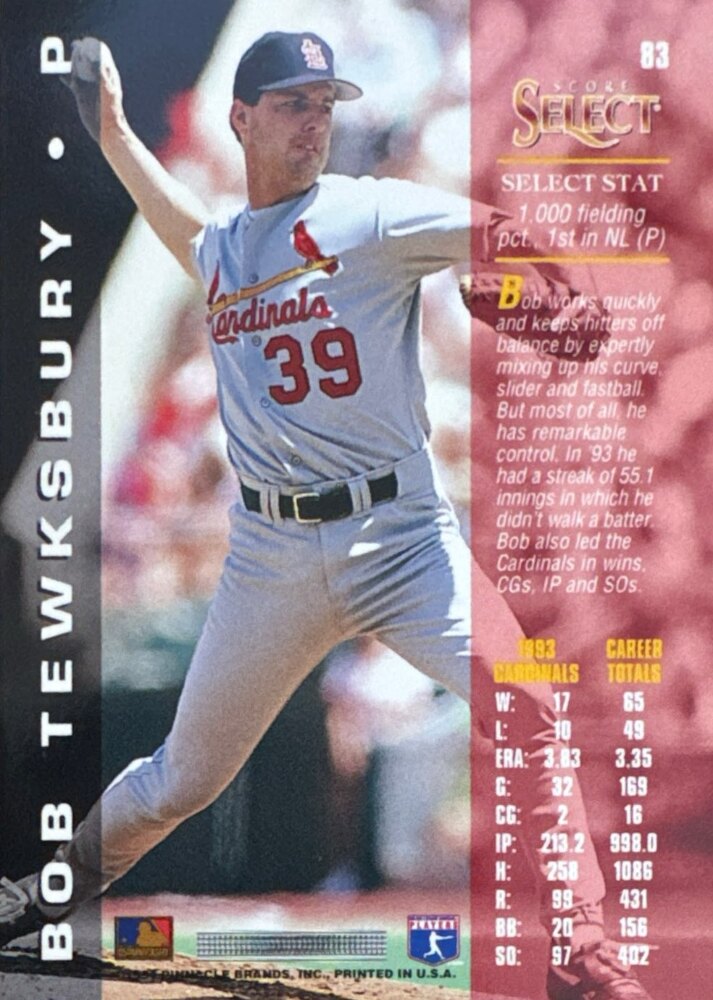 1994 Score Select Bob Tewksbury Baseball Card #83