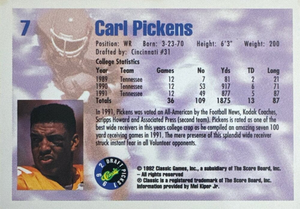 1992 Classic Draft Picks Carl Pickens Football Card #7