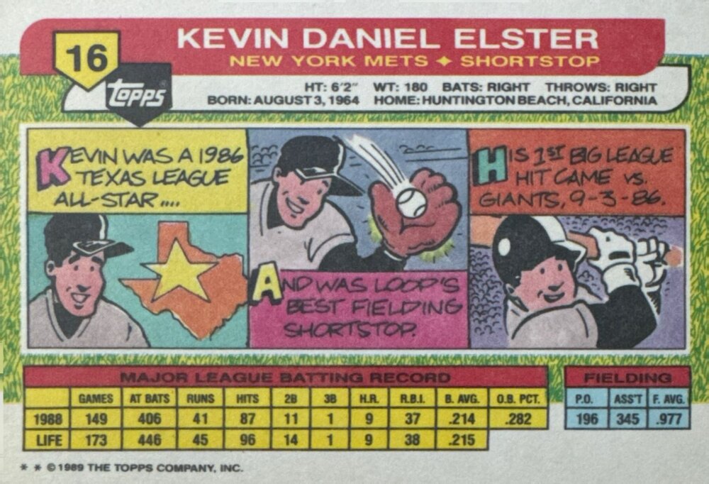 1989 Topps Kevin Daniel Elster Baseball Card #16