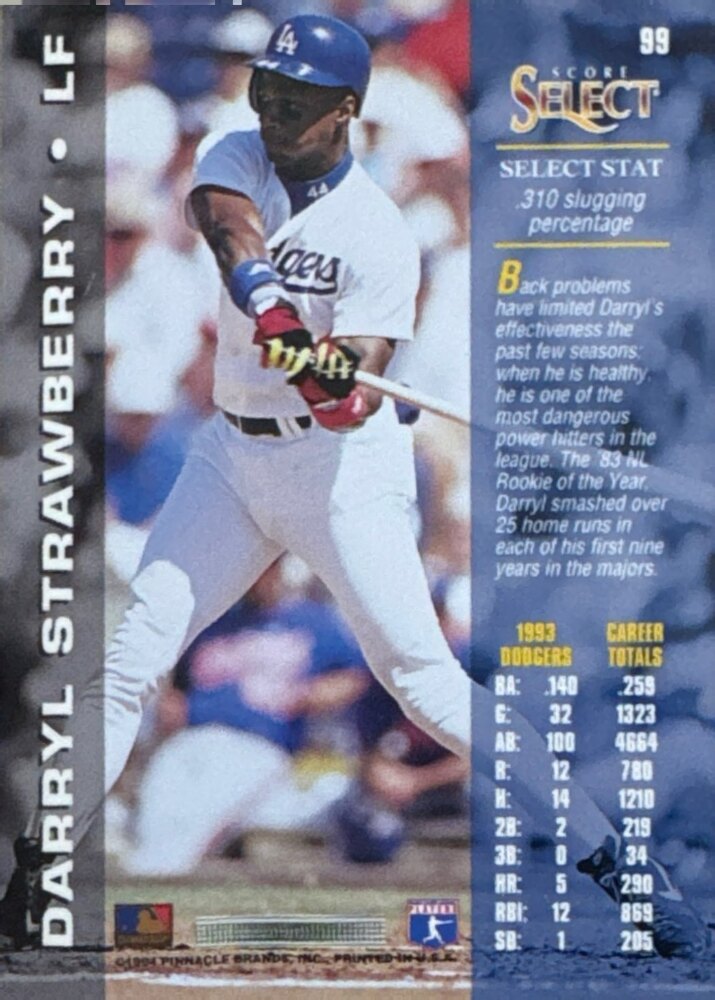 1994 Score Select Darryl Strawberry Baseball Card #99