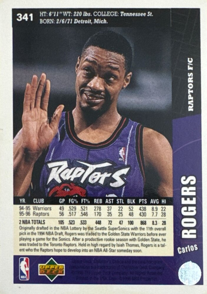 1996 Upper Deck Collectors Choice Carlos Rogers Basketball Card #341