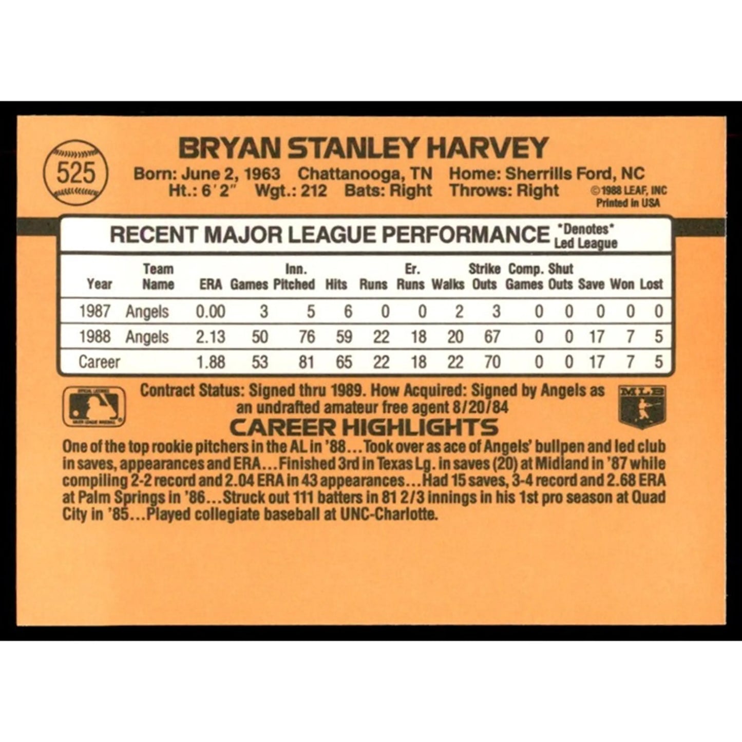 1989 Donruss Bryan Stanley Harvey Baseball Card #525