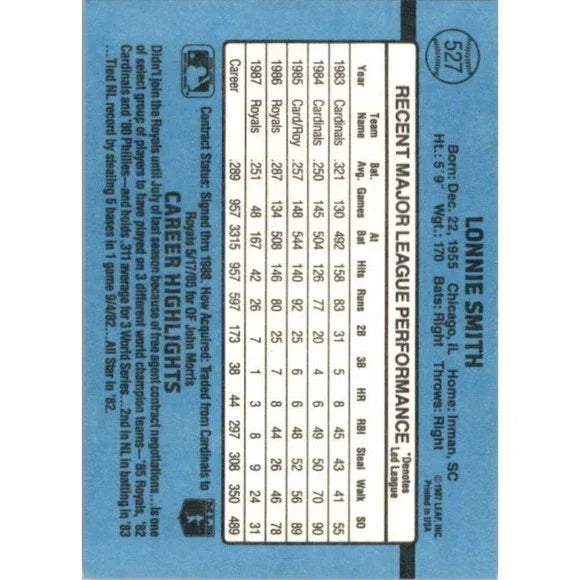 1988 Donruss Lonnie Smith Baseball Card #527