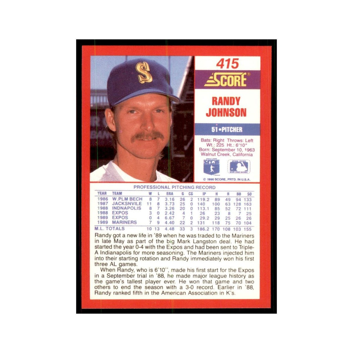 1990 Score Randy Johnson Baseball Card #415