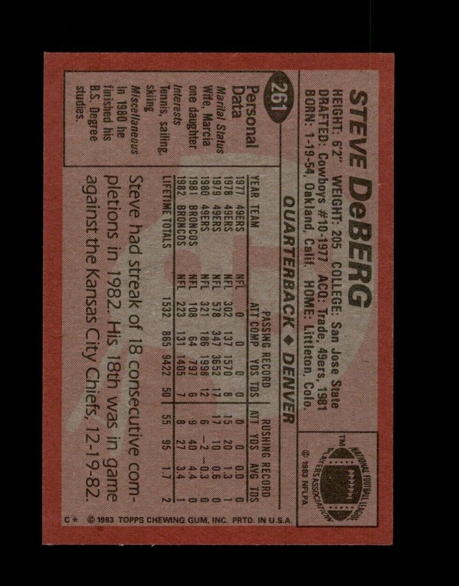 1983 Topps Steve DeBerg Football Card #261