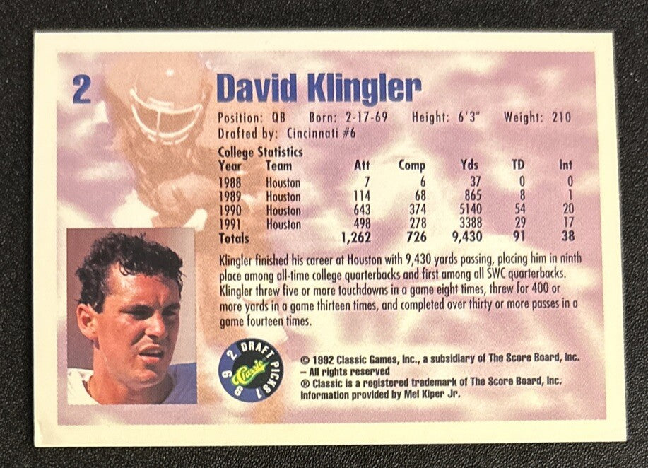 1992 Classic Draft Picks David Klingler Football Card #2