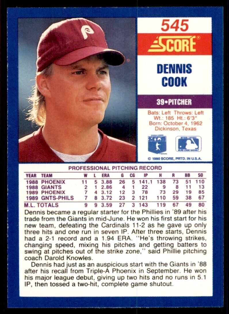 1990 Score Dennis Cook Baseball Card #545
