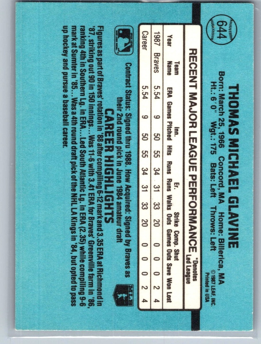 1988 Donruss Thomas Michael Glavine Baseball Card #644