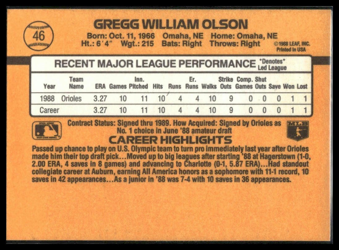 1989 Donruss Gregg William Olson Baseball Card #46