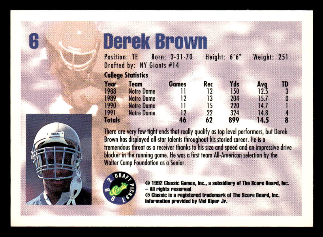 1992 Classic Draft Picks Derek Brown Football Card #6