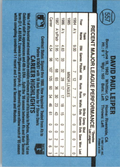 1988 Donruss David Paul Leiper Baseball Card #557