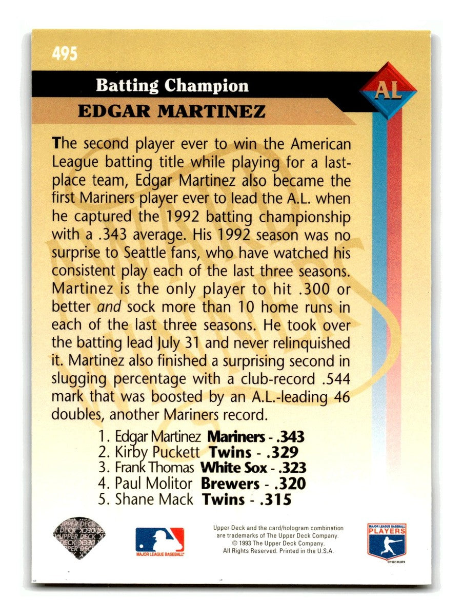 1993 Upper Deck American League Batting Champion Edgar Martinez Baseball Card #495
