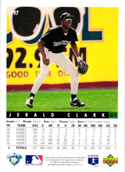 1993 Upper Deck Jerald Clark Baseball Card #797