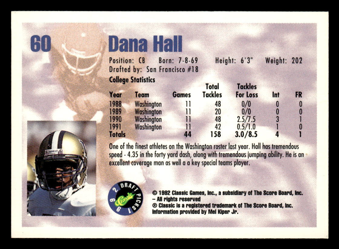1992 Classic Draft Picks Dana Hall Football Card #60