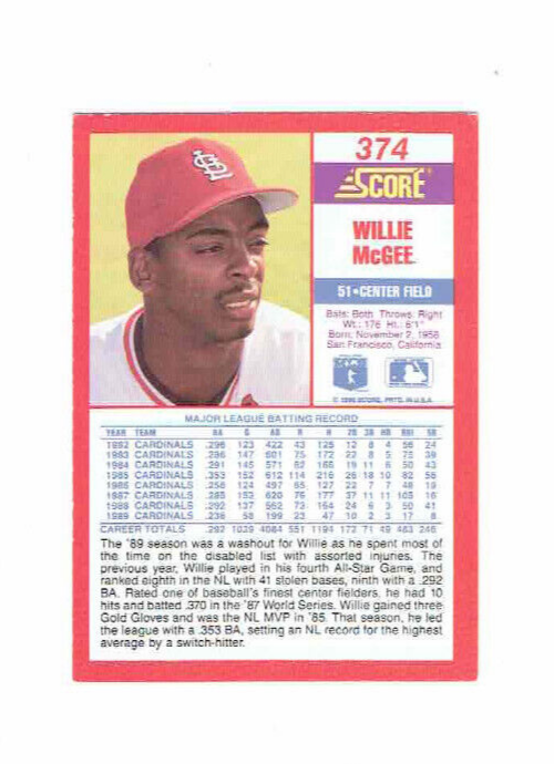 1990 Score Willie McGee Baseball Card #374