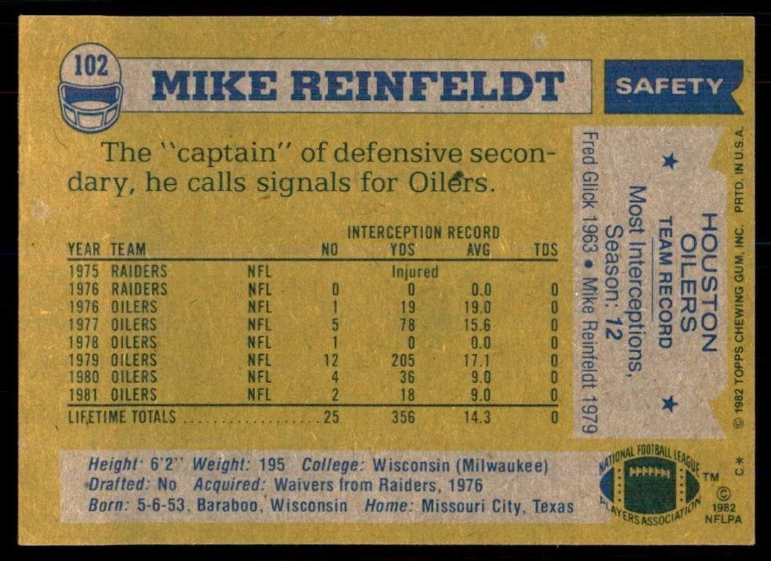1982 Topps Mike Reinfeldt Football Card #102