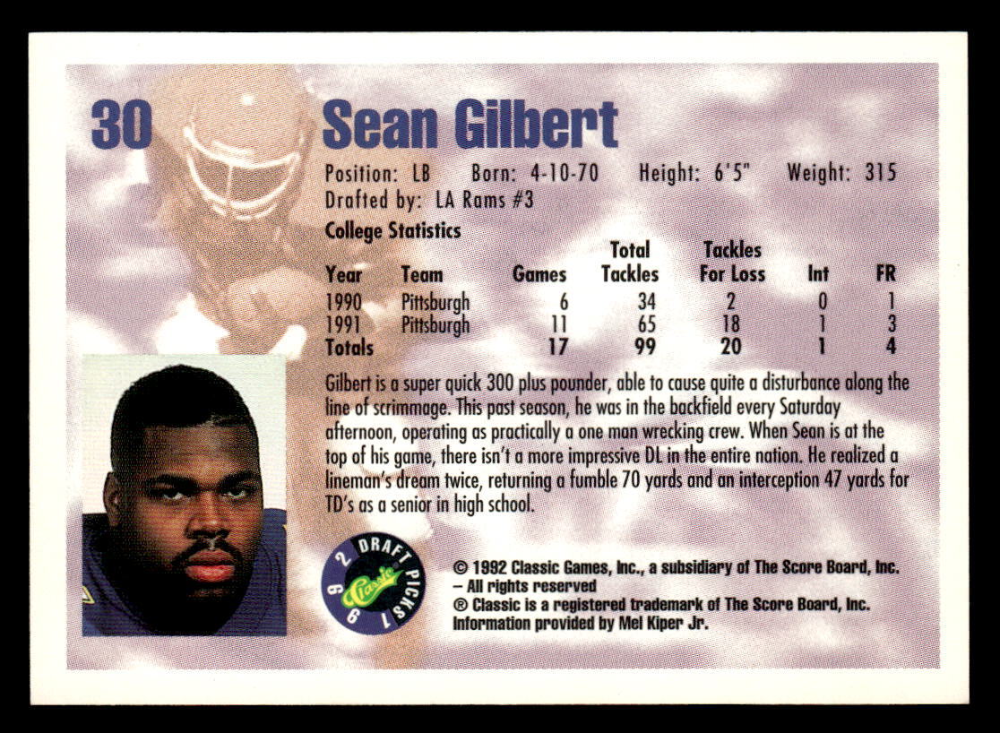 1992 Classic Draft Picks Sean Gilbert Football Card #30