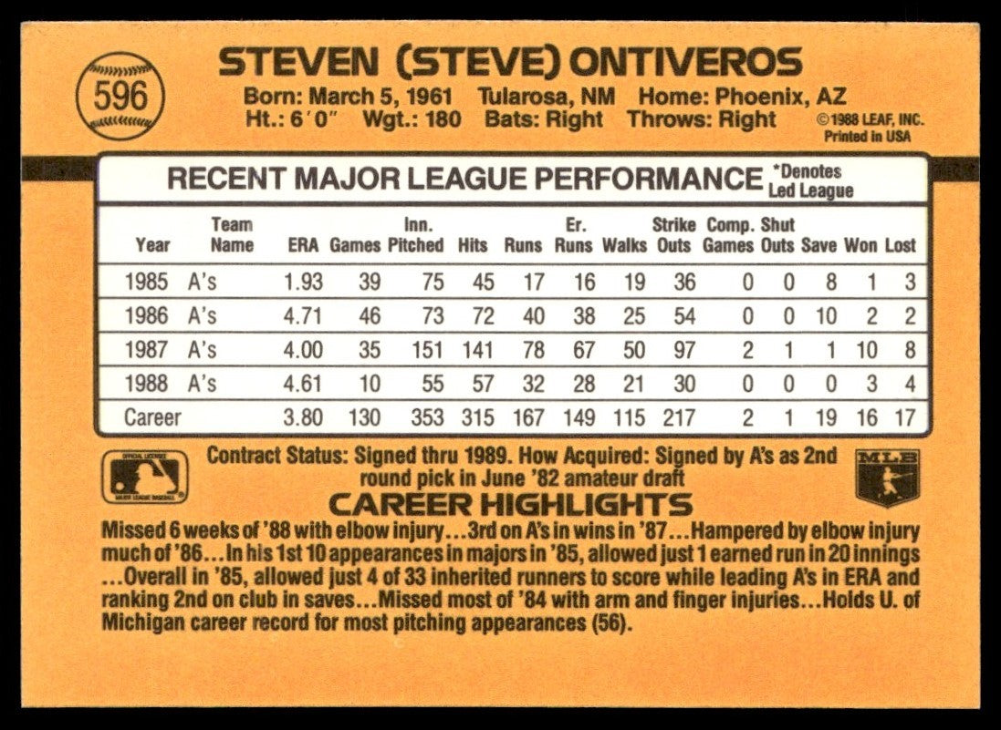 1989 Donruss Steven (Steve) Ontiveros Baseball Card #596
