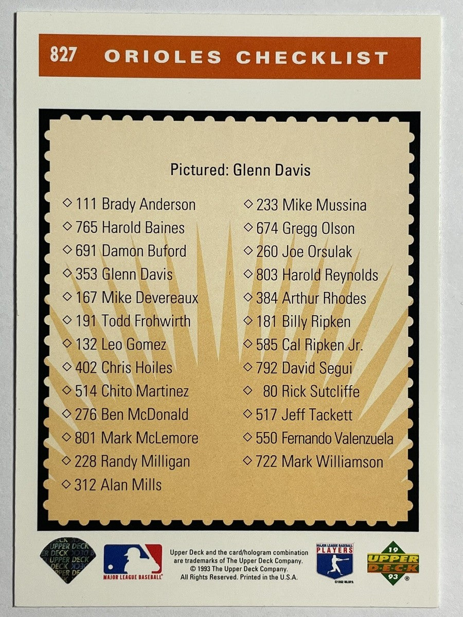 1993 Upper Deck Orioles Checklist Baseball Card #827