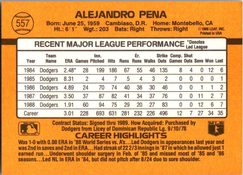 1989 Donruss Alejandro Pena Baseball Card #557