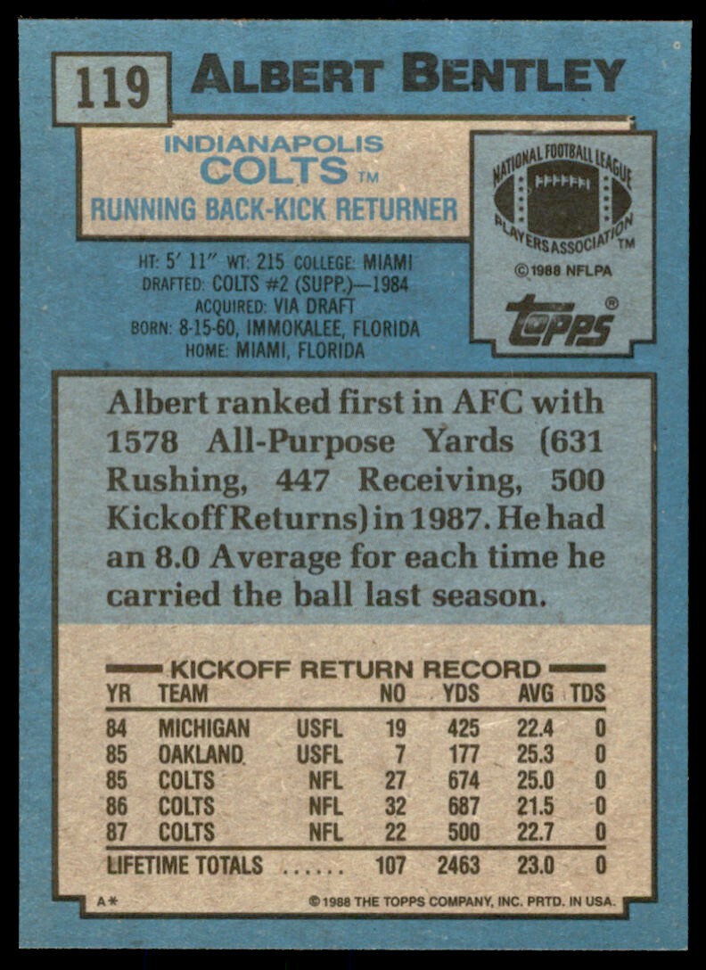 1988 Topps Albert Bentley Football Card #119