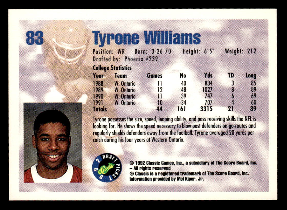 1992 Classic Draft Picks Tyrone Williams Football Card #83