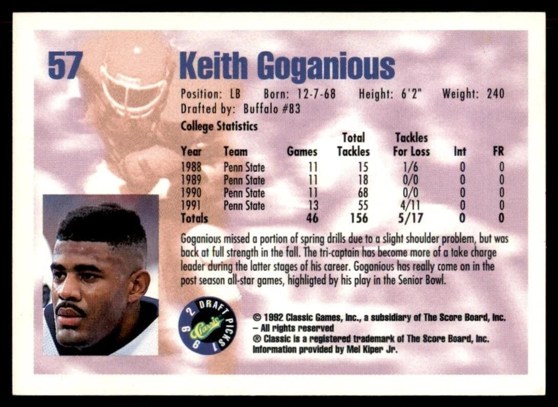 1992 Classic Draft Picks Keith Goganious Football Card #57