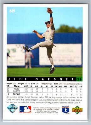 1993 Upper Deck Jeff Gardner Baseball Card #639