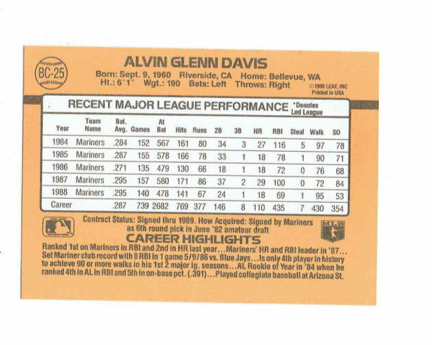 1989 Donruss Alvin Glenn Davis Baseball Card #BC-25