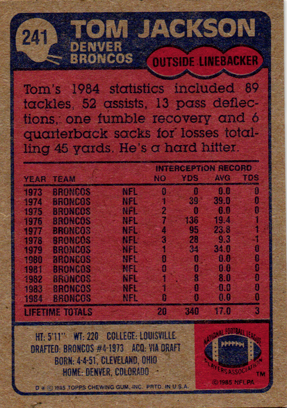 1985 Topps Tom Jackson Football Card #241
