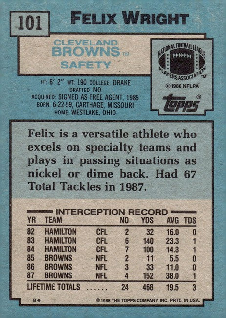 1988 Topps Felix Wright Football Card #101