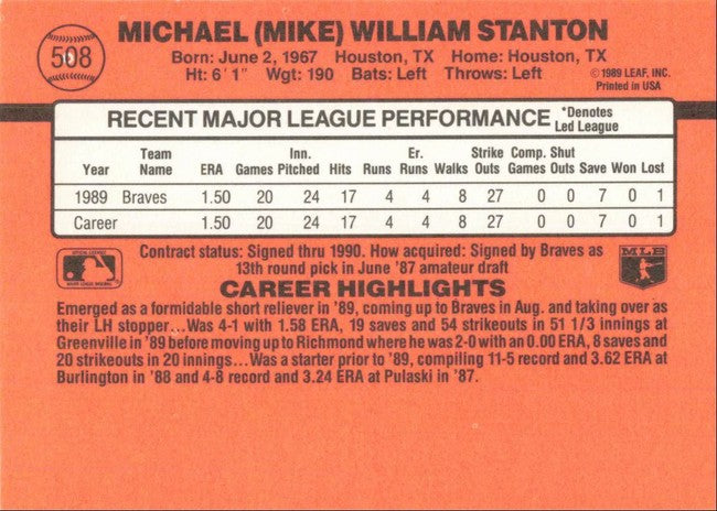 1990 Donruss Michael (Mike) William Stanton Baseball Card #508