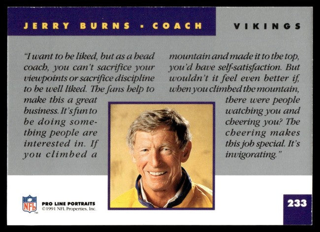 1991 NFL Pro Line Portraits Jerry Burns Football Card #233