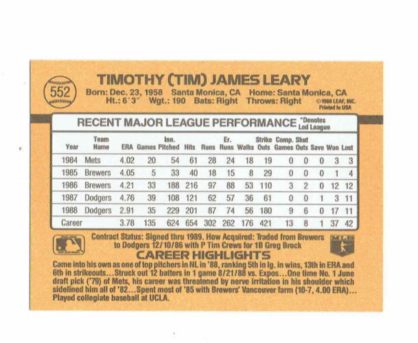 1989 Donruss Timothy (Tim) James Leary Baseball Card #552