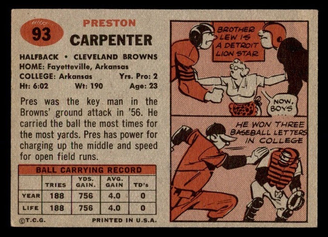 1957 Topps Preston Carpenter Football Archives The Ultimate 1957 Series Football Card #93