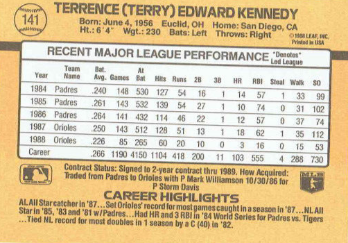 1989 Donruss Terrence (Terry) Edward Kennedy Baseball Card #141