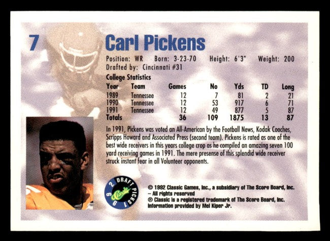 1992 Classic Draft Picks Carl Pickens Football Card #7