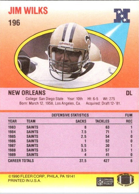 1990 Fleer Jim Wilks Football Card #196