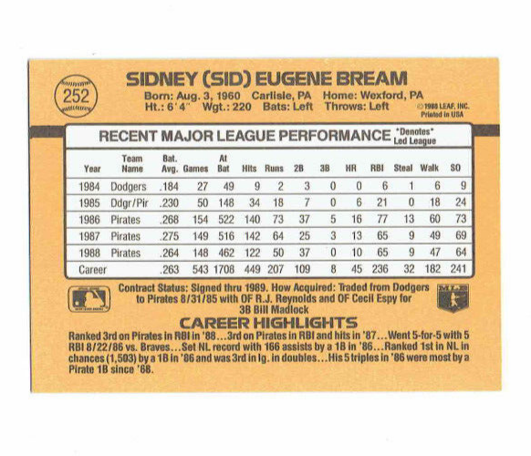 1989 Donruss Sidney (SID) Eugene Bream Baseball Card #252