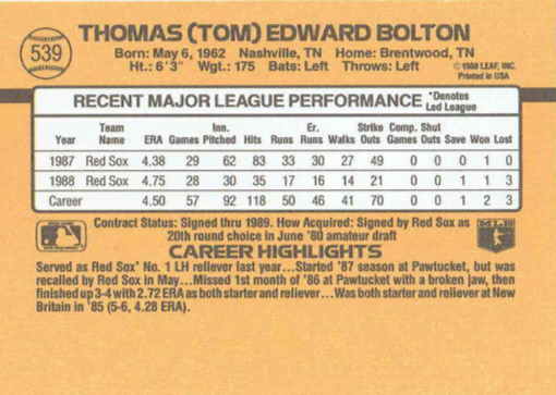 1989 Donruss Thomas (Tom) Edward Bolton Baseball Card #539