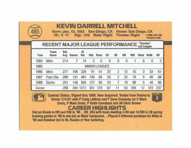 1989 Donruss Kevin Darrel Mitchell Baseball Card #485