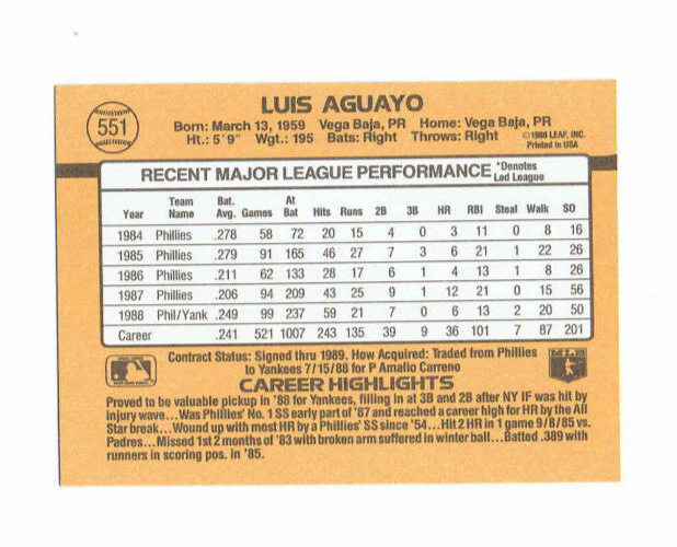1989 Donruss Luis Aguayo Baseball Card #551