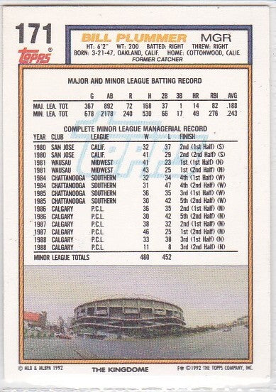 1992 Topps Bill Plummer Baseball Card #171