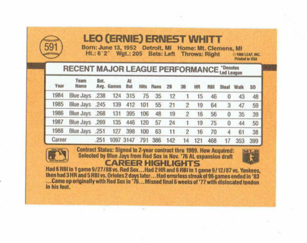 1989 Donruss Leo (Ernie) Ernest Whitt Baseball Card #591